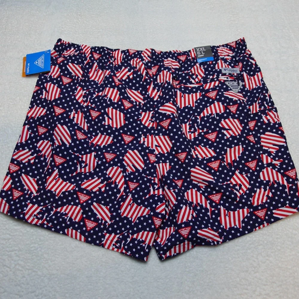 Columbia PFG Clearwater Shores Trunk Mens XXL Blue Red American Flag Fish 6in